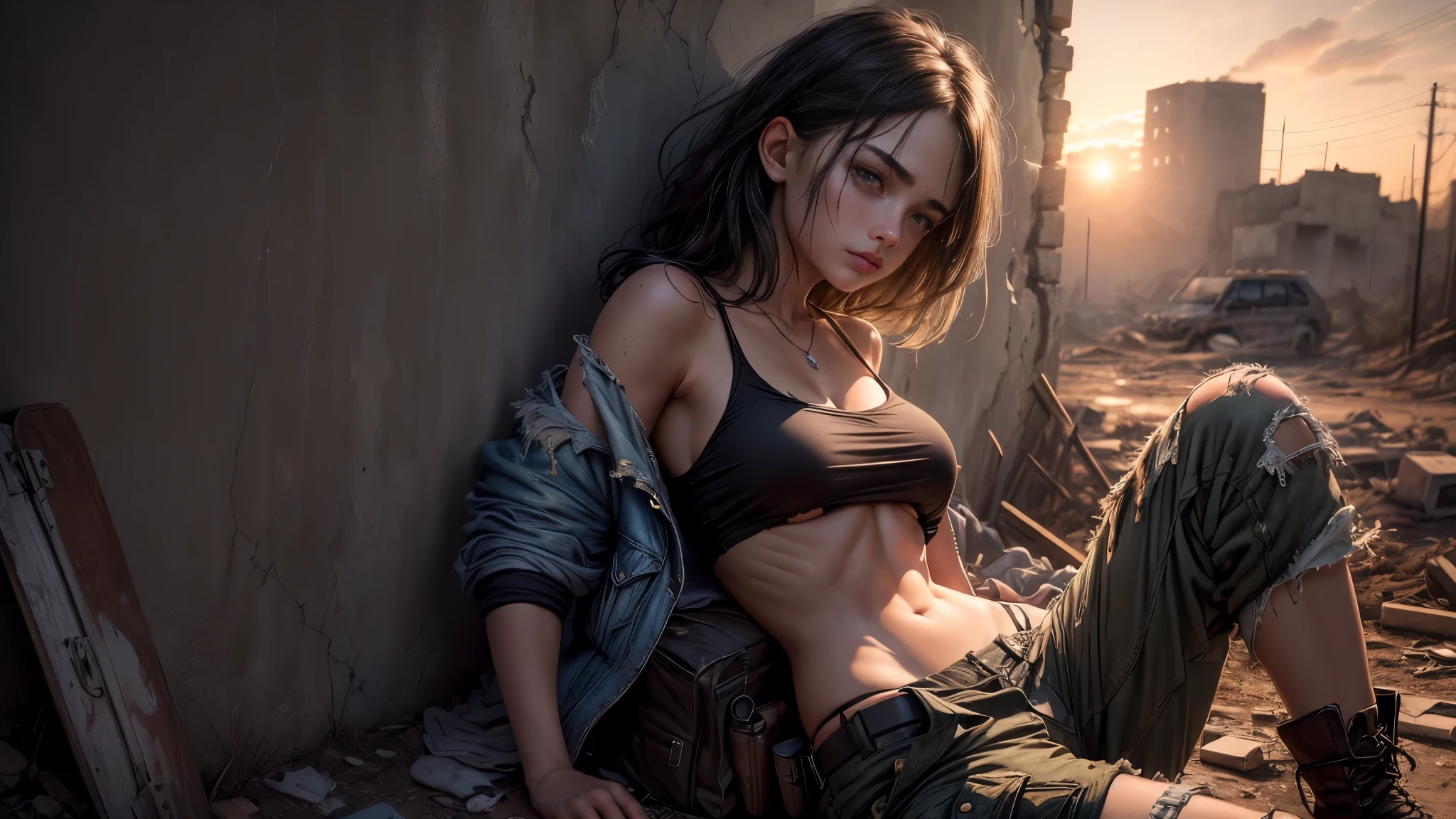 "Oil painting, 
((resilient)) girl standing amidst nuclear wasteland ruins, delicate flowers emerging from the desolation, ominous clouds casting shadows,  fires, explosions, dust, lightning, sunset, lens flare.
((haunting beauty)), post-apocalyptic masterpiece".
18 year old girl, sitting against a crumbled wall, side on, looking down, tattered rags of clothes, short dark hair, desperate sad expression, ((white crop top, loose, torn, underboob)), ((low waist cargo pants, black, panties strap showing)), open jacket, realistic face, exhausted, 
low key lighting, moody, gritty, edgy.
dramatic pose, dramatic composition, low camera angle. side angle, face turned to viewer