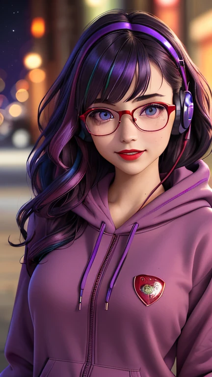 (best quality, masterpiece, perfect face, beautiful and aesthetic:1.2, colorful, dynamic angle, highest detailed face), 20 years old girl, medium, flirting on camera, 35mm, bokeh, 9:16, neon city, colorful lights, (intricate details, hyperdetailed:1.15), (high contrast, official art, extreme detailed, highest detailed), perfect face, female, gamer girl, aqua eyes, wearing red lipstick, light smile, medium black wavy hair, wavy hair with purple highlights, wearing headphones, nerdy glasses, bangs, she is wearing an over sized hoodie, the hoodie is wine-red colored, nighttime, alley way, 3/4 body view