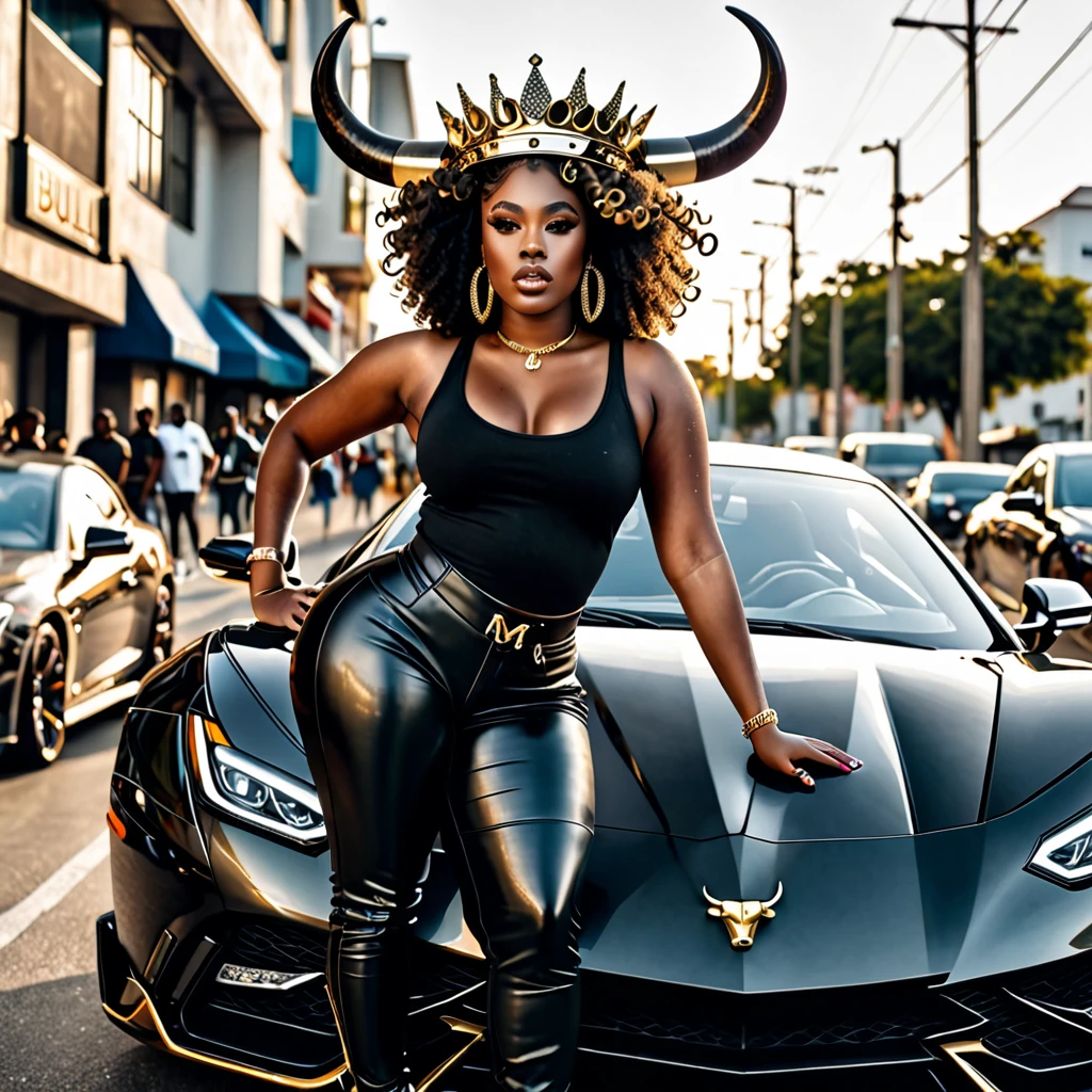 A thick black woman with a ((bull horn crown)) made of diamonds riding a luxury sport car com um homem no banco do carona , bull zodiac sign, black woman riding a bull, black hip hop clothes, afrofuturism, hip hop clothes, rapper, ultra quality, beautiful face, curly Hair, very detailed