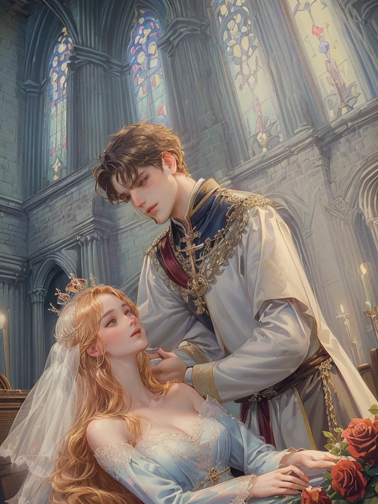 (((Best quality)), ((masterpiece)), (detailed), ((perfect face)), ((halfbody)) , 1 woman and 1 man, Make eye contact, female saint, Crown Prince, non-consensual marriage, romantic backdrop, Church, cathedral, wedding waste, rose petals, 