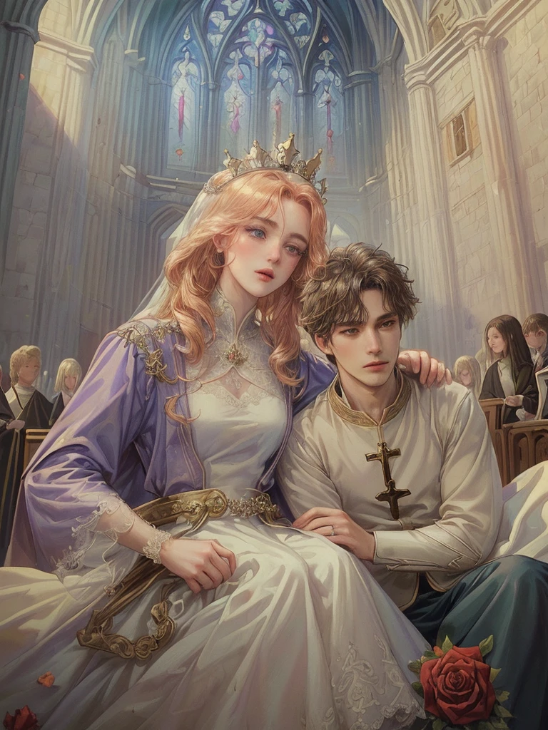(((Best quality)), ((masterpiece)), (detailed), ((perfect face)), ((halfbody)) , 1 woman and 1 man, Make eye contact, female saint, Crown Prince, non-consensual marriage, romantic backdrop, Church, cathedral, wedding waste, rose petals,
