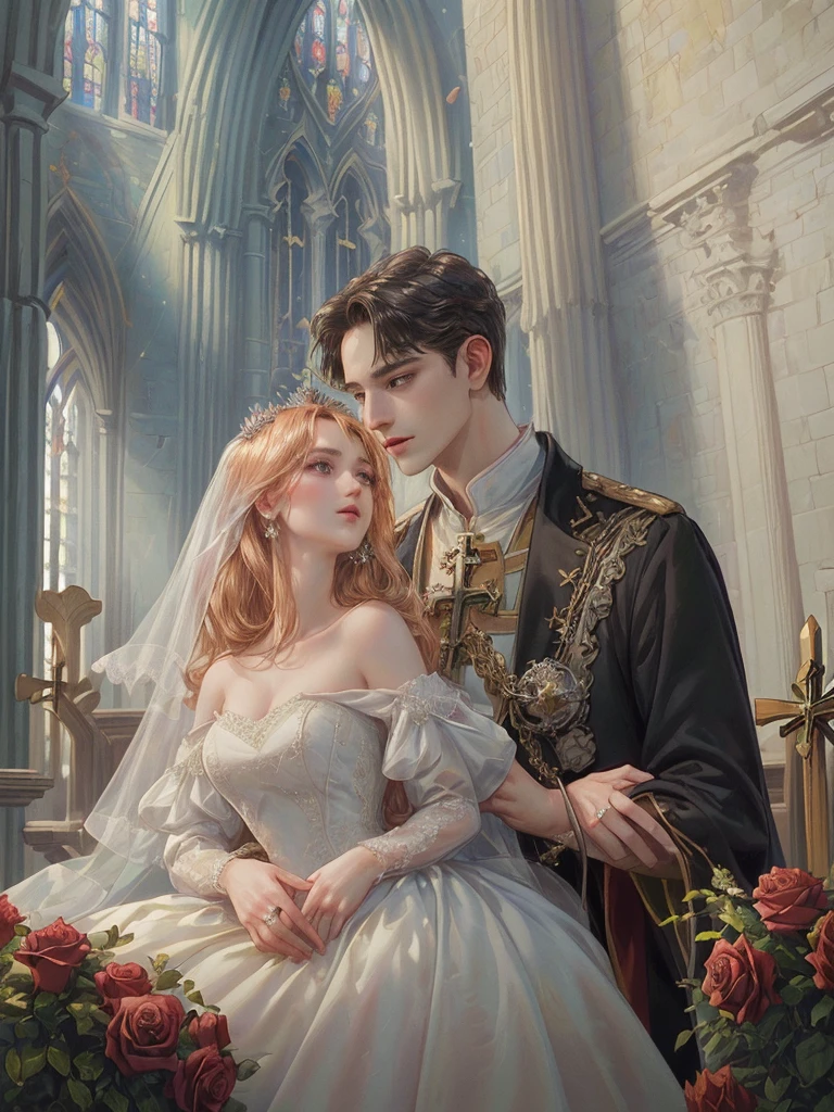 (((Best quality)), ((masterpiece)), (detailed), ((perfect face)), ((halfbody)) , 1 woman and 1 man, Make eye contact, female saint, Crown Prince, non-consensual marriage, romantic backdrop, Church, cathedral, wedding waste, rose petals,