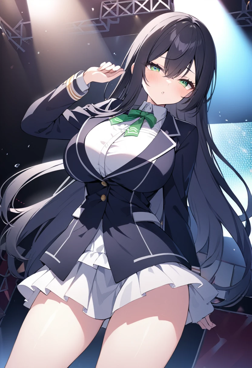 green eyes, long hair, black hair,,, large breasts, live stage, solo,　Blazer uniform