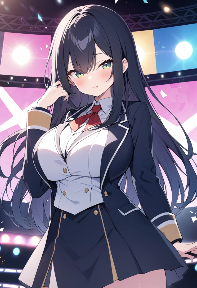 green eyes, long hair, black hair,,, large breasts, live stage, solo,　Blazer uniform