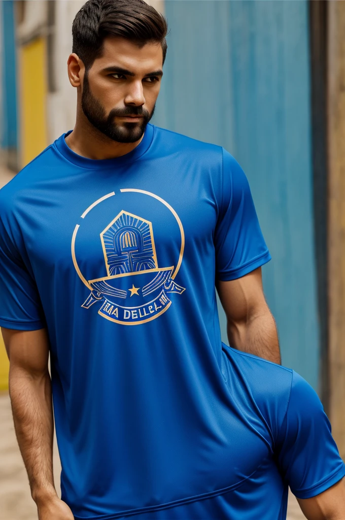 Crea una camiseta de volei masculina de color azul oscuro con detalles celestes y muestra como se ve la parte de atras