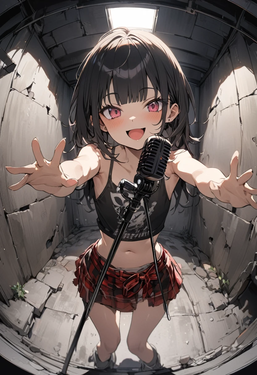 ((Masterpiece)), (Anime:1.3), ((best quality)), (super detail:1.2), (High Definition:1.3), (Professional Photography:1.2), (sharp focus), (perfect light), (fisheye), (()), cute teenage girlring Ripped grunge fashion)), (loose blunt bangs), (Thick microphone stand), singing, ((Vibrant Pose)), exposed bare shoulder and arms, grunge style, cute smile, open mouth, pretty, (Healthy slim body), red checker, (in the dim concrete basement), ribbon belt, (Melted walls),