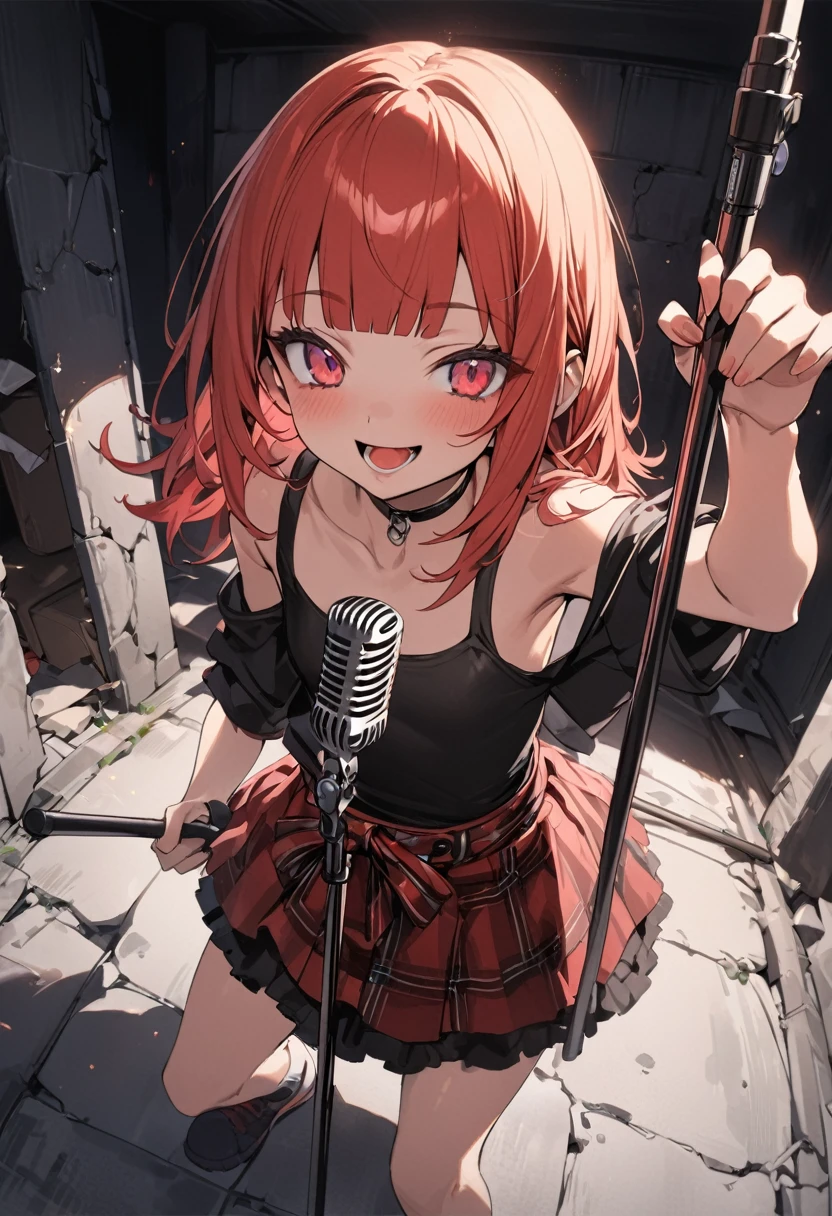 ((Masterpiece)), (Anime:1.3), ((best quality)), (super detail:1.2), (High Definition:1.3), (Professional Photography:1.2), (sharp focus), (perfect light), (fisheye), ((12 years old)), cute teenage girl, ((wearing Ripped grunge fashion)), (loose blunt bangs), (Thick microphone stand), singing, ((Vibrant Pose)), exposed bare shoulder and arms, grunge style, cute smile, open mouth, pretty, (Healthy slim body), red checker, (in the dim concrete basement), ribbon belt, (Melted walls),