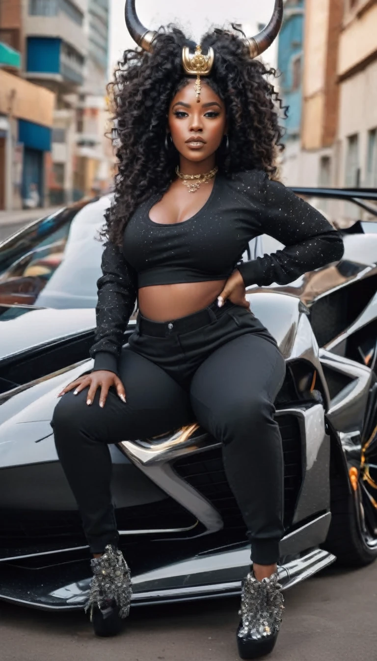 A thick black woman with a ((bull horn crown)) made of diamonds riding a luxury sport car com um homem no banco do carona , bull zodiac sign, black woman riding a bull, black hip hop clothes, afrofuturism, hip hop clothes, rapper, ultra quality, beautiful face, curly Hair, very detailed