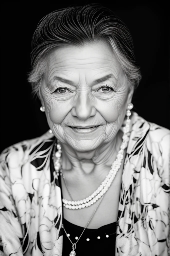 Photo of an elderly woman, elderly woman 65 years old, Wrinkles on the face, pearl beads, protruding hair, pores, detailed glossy eyes, specular lighting, dslr, ultra quality. sharp focus, tack sharp, dof, film grain, Fujifilm XT3, crystal clear, 