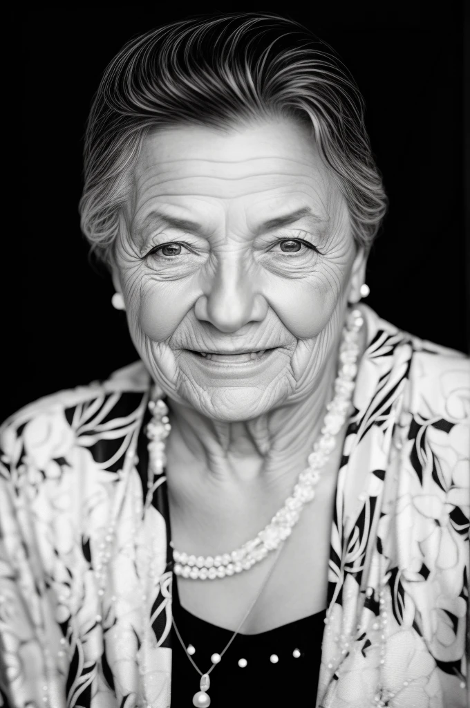 Photo of an elderly woman, elderly woman 65 years old, Wrinkles on the face, pearl beads, protruding hair, pores, detailed glossy eyes, specular lighting, dslr, ultra quality. sharp focus, tack sharp, dof, film grain, Fujifilm XT3, crystal clear,