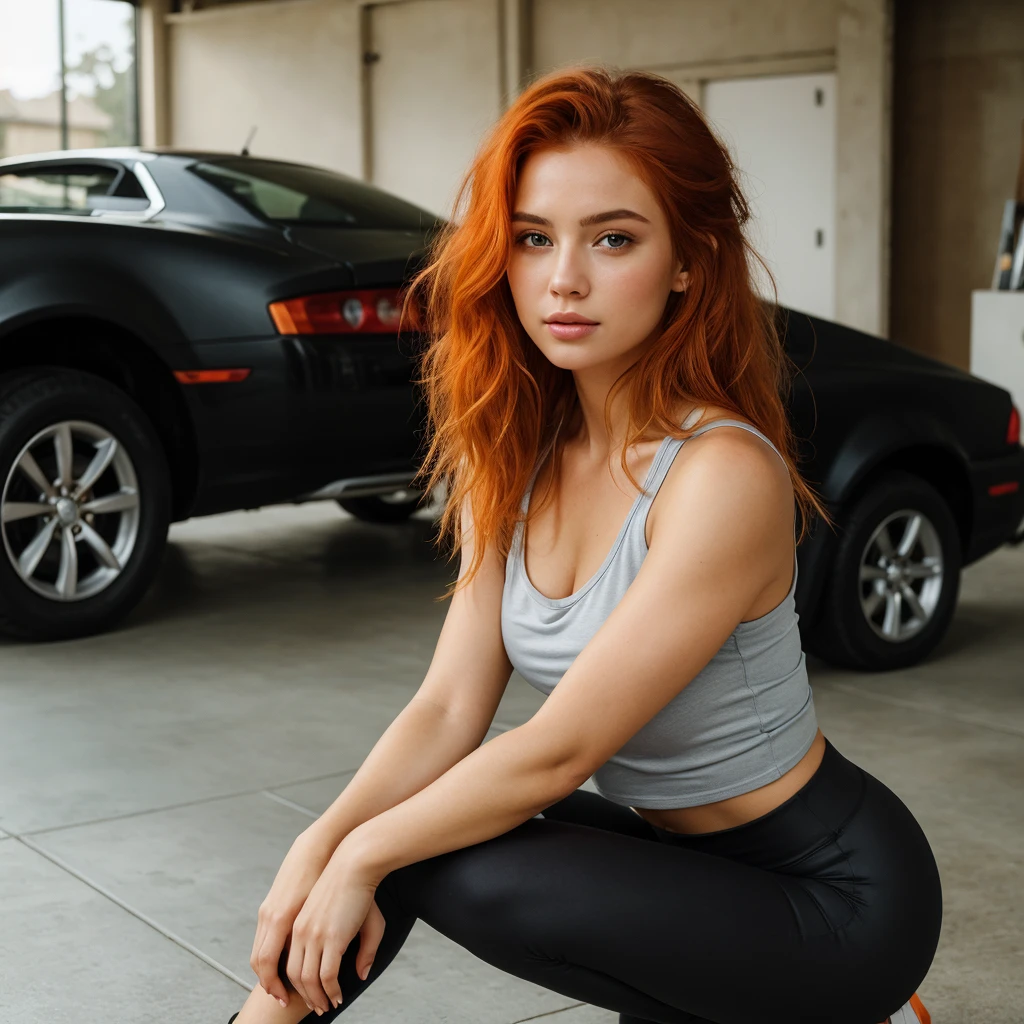 (((Masterpiece))), 25-year-old Caucasian French girl with shoulder-length messy red hair, adorned with an orange crystal glow, blooming hair akin to a royal . Captured in the best quality, this illustration serves as a 4K wallpaper, bathed in cinematic light. Absurdres style emphasizes the portrait of the girl, exhibiting a captivating self-confidence. Her clothing, while maintaining a elegance, remains casual and trendy, accentuating her youthfulness. The soft glow of her hair and the detail in her eyes create a striking and memorable image, perfec Outfit: gray top, black workout leggings, doing squat exercises, with a car garage