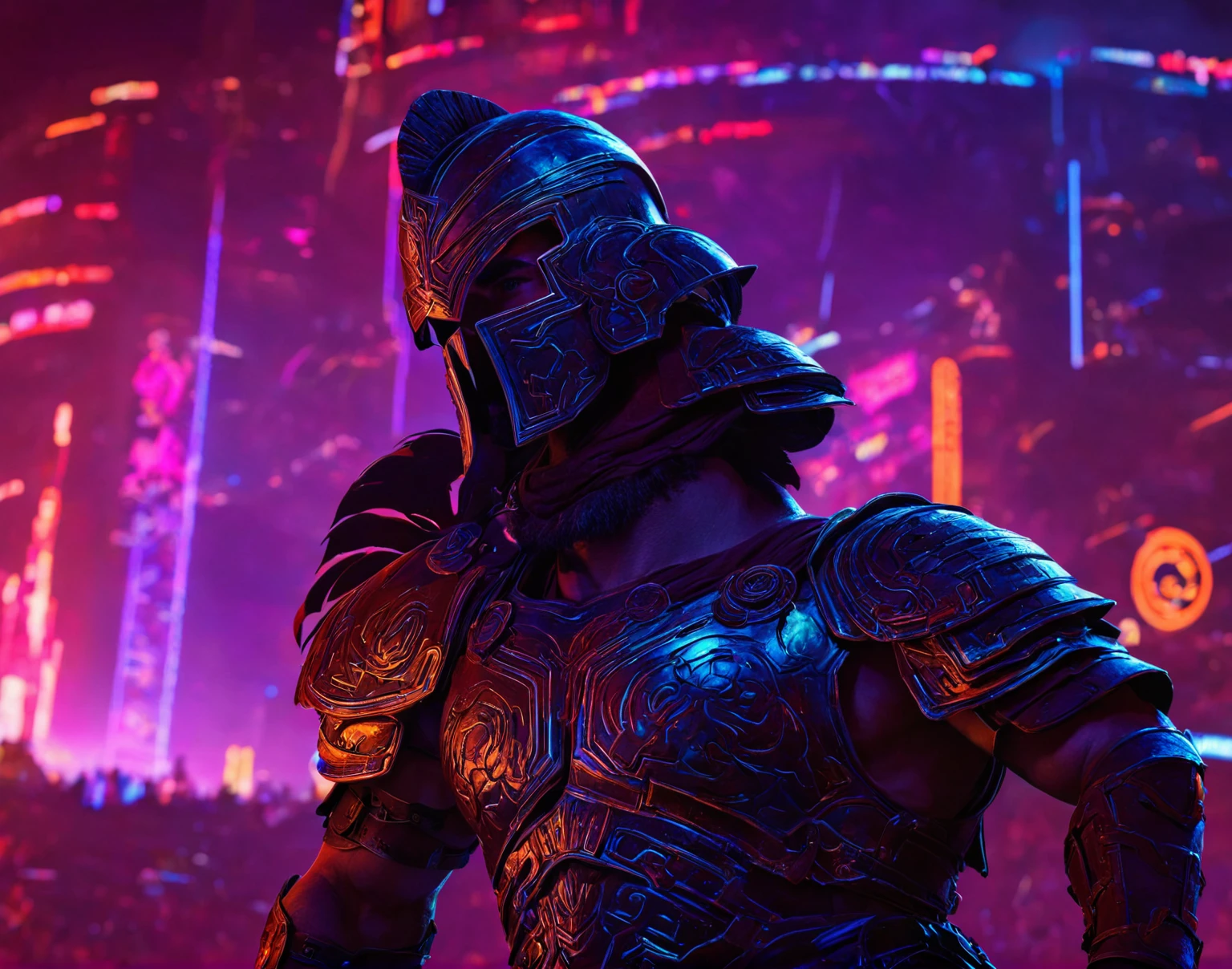 A lone gladiator stands poised and ready for battle in the heart of a futuristic cyberpunk colosseum. Drenched in the vibrant glow of neon lights, the gladiator's imposing figure dominates the foreground, while the vast expanse of the arena fades into a hazy blur in the distance. The air crackles with anticipation as the gladiator prepares to unleash their prowess upon their unsuspecting opponent.