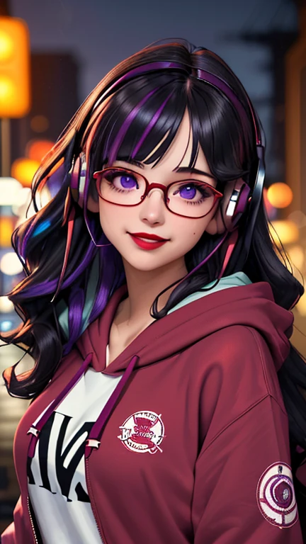 (best quality, masterpiece, perfect face, beautiful and aesthetic:1.2, colorful, dynamic angle, highest detailed face), 20 years old girl, medium, flirting on camera, 35mm, bokeh, 9:16, neon city, colorful lights, (intricate details, hyperdetailed:1.15), (high contrast, official art, extreme detailed, highest detailed), perfect face, female, gamer girl, aqua eyes, wearing red lipstick, light smile, medium black wavy hair, wavy hair with purple highlights, wearing headphones, nerdy glasses with black frames, bangs, she is wearing an over sized hoodie, the hoodie is wine-red colored, nighttime, alley way, 3/4 body view