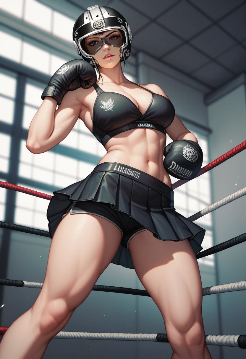 Detailed image, High quality, 2D picture, detailed face, manga style, single female arrogant boxer, 20 years old, sadistic, Japanese, beautiful black hairstyle, in a sexy boxing outfit, in boxing protective helmet, in short skirt with shorts, in boxing gloves, stands near the boxing ring 