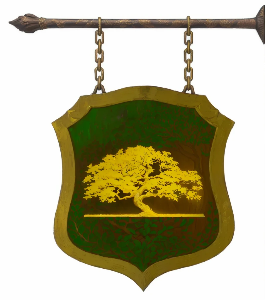 Um close de uma placa de madeira escura envelhecida com marcas de pintura antiga em verde, a carved golden tree, em alto relevo, Coat of arms, fantasy escudo, emblema de guilda, escudo, arte digital, alta qualidade, moldura em metal dourado