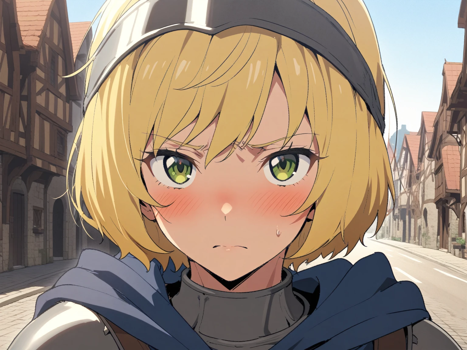 {{portrait, face focus, pov, from side}} {{Artist: Sincos}} 1girl, solo, muscular female, mature female, androgynous, tomboy, embarrassed, blonde hair, very short hair, bob cut, green eyes,plate armor, flat chest, blue cloth, blue cloak, leather belt, looking to side, looking at viewer, closed mouth, in town, day, beautiful, medieval fantasy.