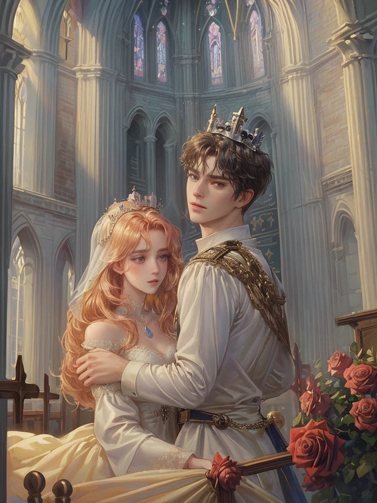 (((Best quality)), ((masterpiece)), (detailed), ((perfect face)), ((halfbody)) , 1 woman and 1 man, Make eye contact, female saint, Crown Prince, non-consensual marriage, romantic backdrop, Church, cathedral, wedding waste, rose petals, 