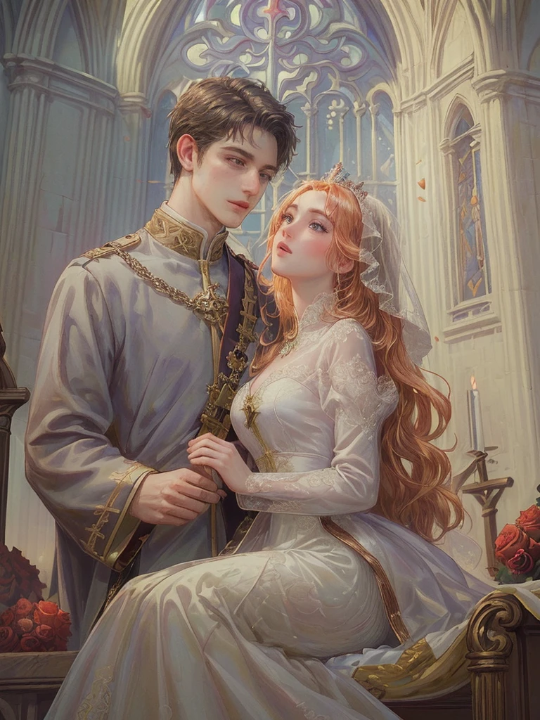 (((Best quality)), ((masterpiece)), (detailed), ((perfect face)), ((halfbody)) , 1 woman and 1 man, Make eye contact, female saint, Crown Prince, non-consensual marriage, romantic backdrop, Church, cathedral, wedding waste, rose petals, 