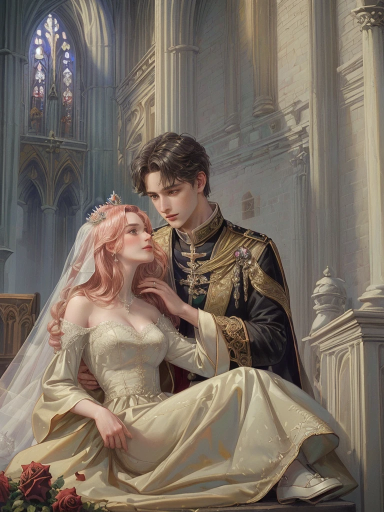 (((Best quality)), ((masterpiece)), (detailed), ((perfect face)), ((halfbody)) , 1 woman and 1 man, Make eye contact, female saint, Crown Prince, non-consensual marriage, romantic backdrop, Church, cathedral, wedding waste, rose petals,