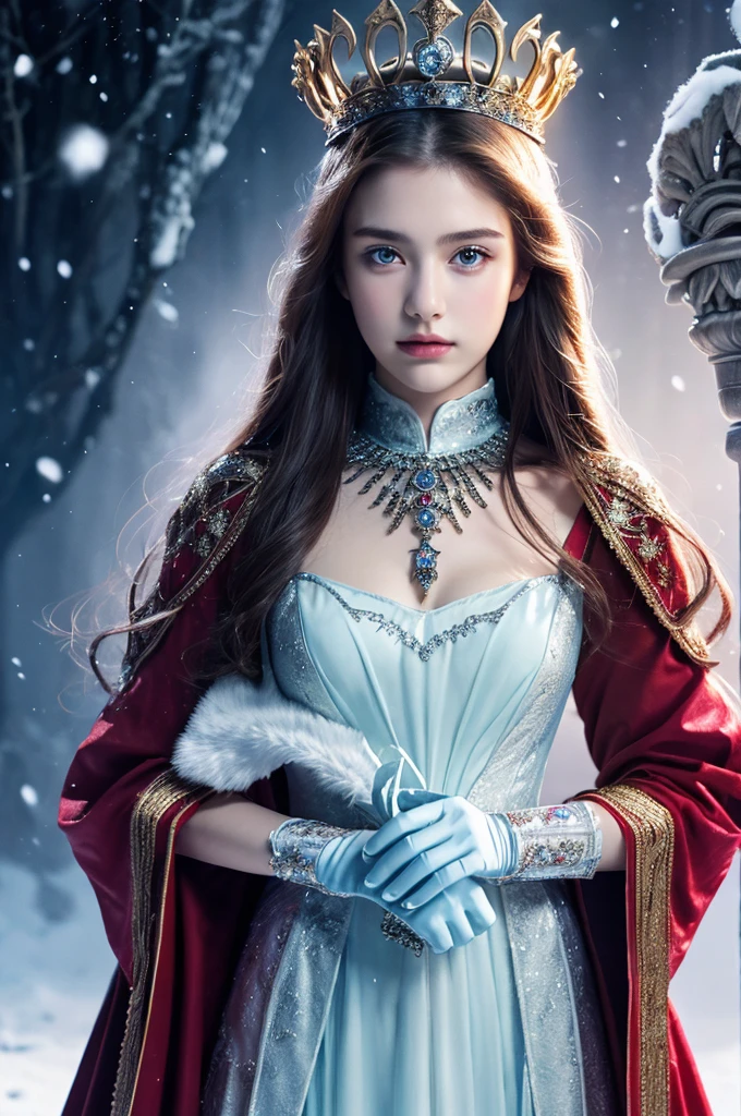 ( masterpiece, highest quality, highest quality,8k,17-year-old girl,Super detailed,RAW Photos:1.5),(Realistic:1.4),(Cinema Lighting), Perfect NwsjMajic, , Surrealism, Ultra-high resolution, Accurate, Super detailed, Textured skin, High detail, highest quality, Dynamic Angle, (High nose,White skin),[Beautiful Blue Eyes],[Flat Chest:Big Breasts:0.5],(One girl),(Excellent anatomy:0.5)), Woman in dress holding sword, Beautiful Fantasy Empress, ((Beautiful Fantasy Empress)), Beautiful fantasy maiden,snow, jewelry, Splendor 