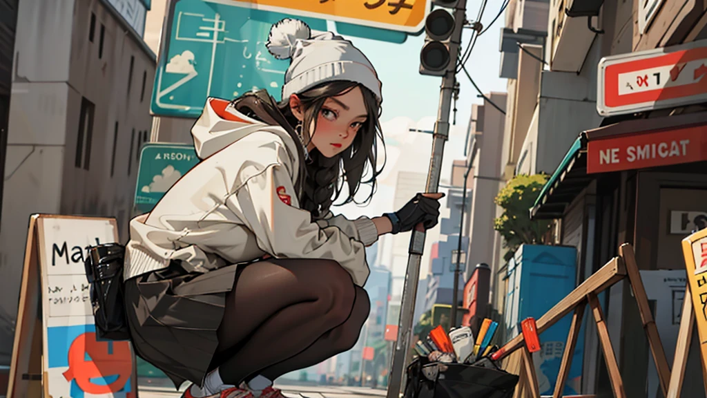 (best quality, masterpiece), 1 Girl, hoodie, long hair, street, Squat, looking at the audience, Beanie, skirt, cosmetic, punching, Pantyhose,