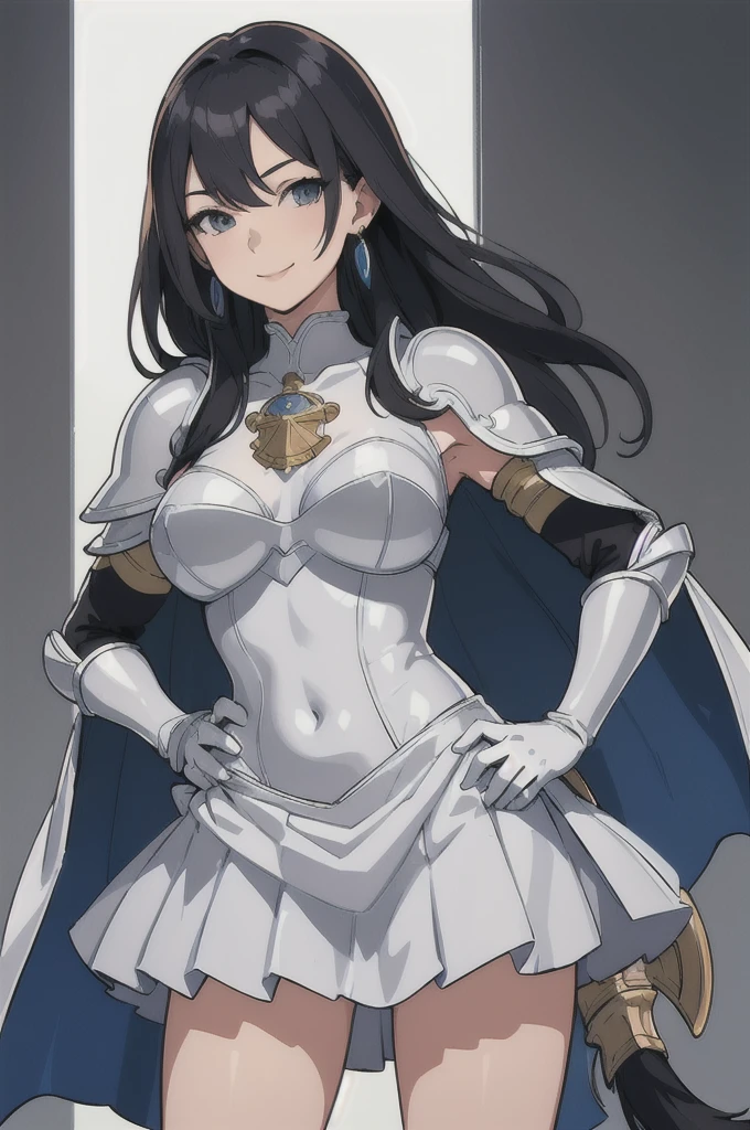 (masterpiece, highest quality:1.2), alone, One girl, Fiadeph, smile, View Viewer, Hands on hips, armor, breastplate, Pelvic Curtain, White gloves, Elbow hand pockets, Cape, choker, Earrings, tail 