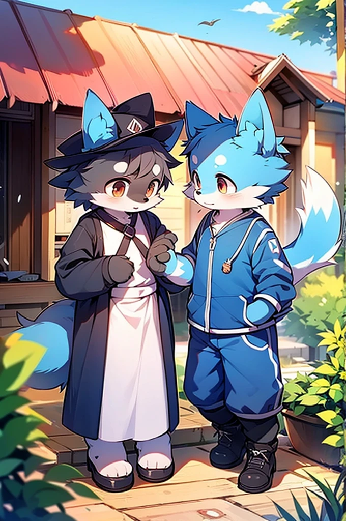 Blue fur, Canine, fox motif, Couple of girls and boys, uniform、Holding hands，