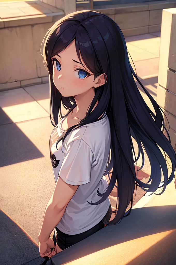 a sexy woman, (best quality), (masterpiece), (1girl), slim, anime, (flat chested), (protrait), (tshirt), (view from above)