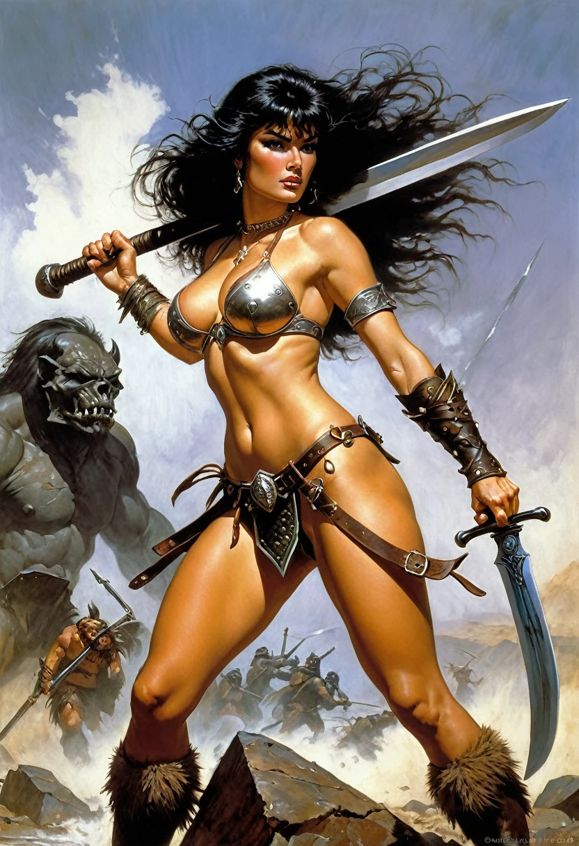 ((realistic:1.5)),((best quality)), ((masterpiece)),((detailed))a heroic sexy warrior, on an epic battlefield, stern, sword and axe, by Frank Frazetta, by Luis Royo, by boris vallejo,