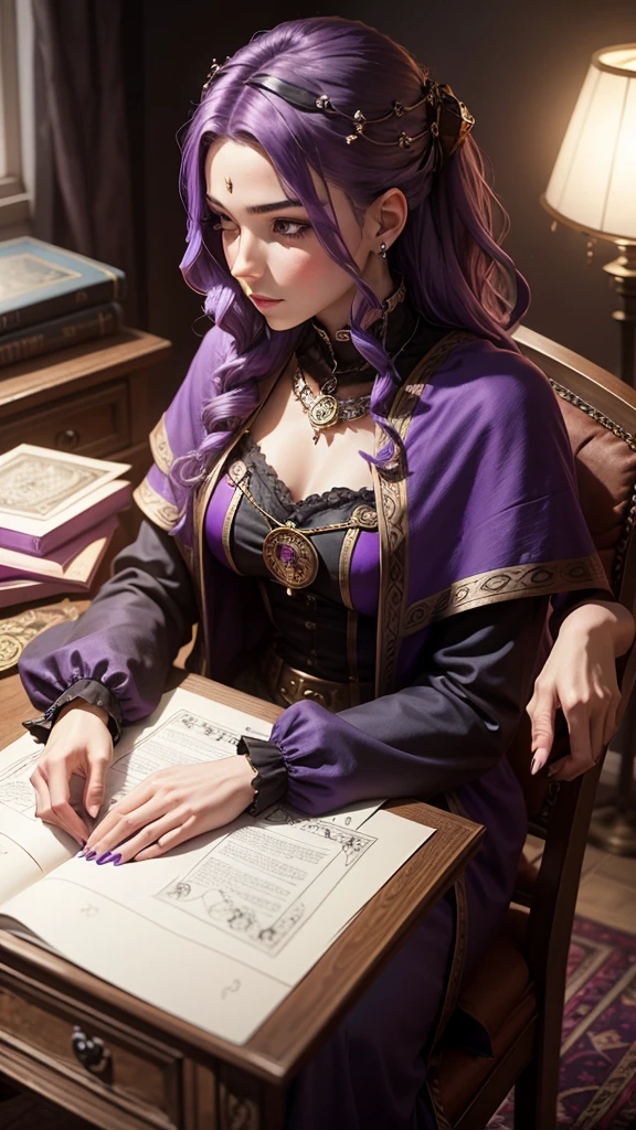Tarot cards on the desk, On the chair sits a female fortune teller with purple hair