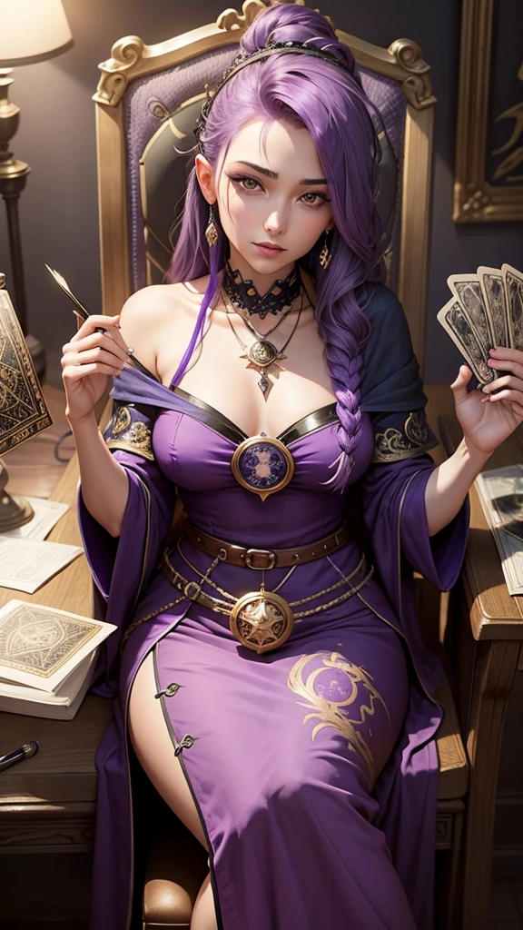 Tarot cards on the desk, On the chair sits a female fortune teller with purple hair
