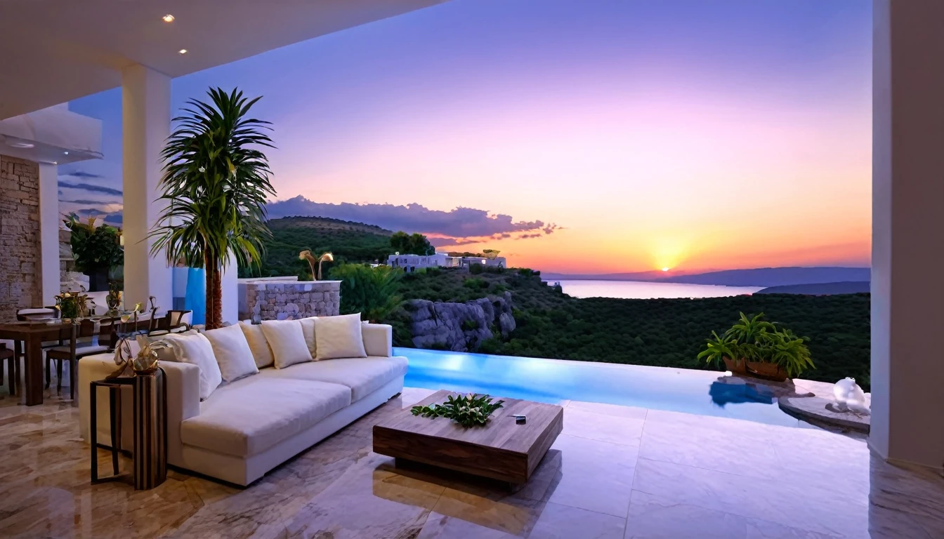 Beautiful clouds over the hill overlooking the Parthenon in Greece、Designer lighting in front、There is a sofa and a coffee cup on the table、There is a waterfall nearby、Sunset and sea in the distance,(High-quality poolside flooring),There is a wall-mounted TV、Screen 70%The sea,4K,Ultra HD,Extravagant space,Ambient indirect lighting,Palm tree,rich,rich,VIP,VIP、There is a Monstera potted plant in the foreground.、Woman watching the sunset
