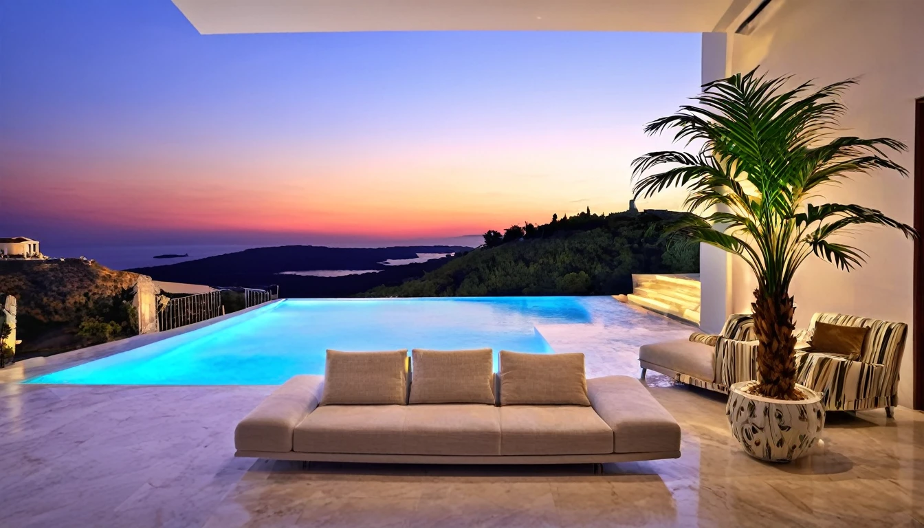 Beautiful clouds over the hill overlooking the Parthenon in Greece、Designer lighting in front、There is a sofa and a coffee cup on the table、There is a waterfall nearby、Sunset and sea in the distance,(High-quality poolside flooring),There is a wall-mounted TV、Screen 70%The sea,4K,Ultra HD,Extravagant space,Ambient indirect lighting,Palm tree,rich,rich,VIP,VIP、There is a Monstera potted plant in the foreground.、Woman watching the sunset