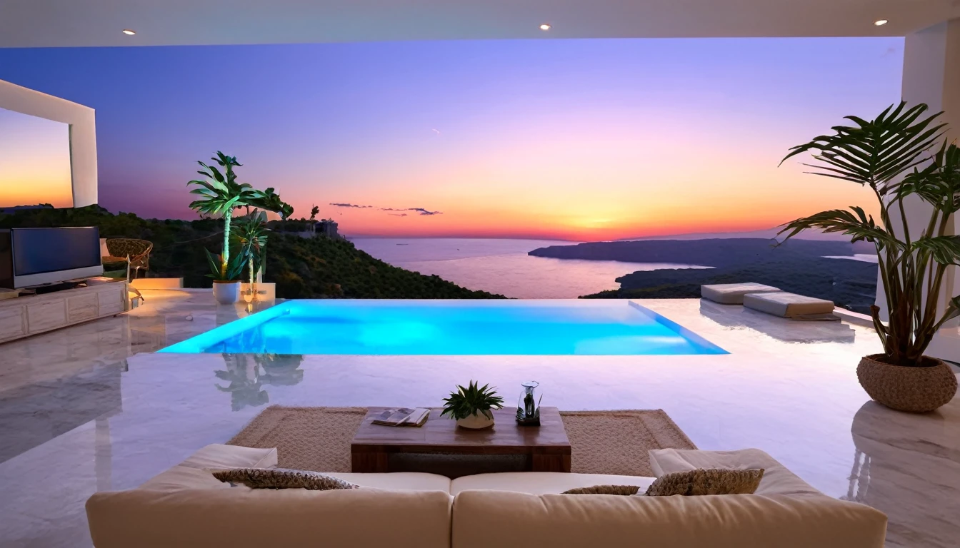 Beautiful clouds over the hill overlooking the Parthenon in Greece、Designer lighting in front、There is a sofa and a coffee cup on the table、There is a waterfall nearby、Sunset and sea in the distance,(High-quality poolside flooring),There is a wall-mounted TV、Screen 70%The sea,4K,Ultra HD,Extravagant space,Ambient indirect lighting,Palm tree,rich,rich,VIP,VIP、There is a Monstera potted plant in the foreground.、Woman watching the sunset