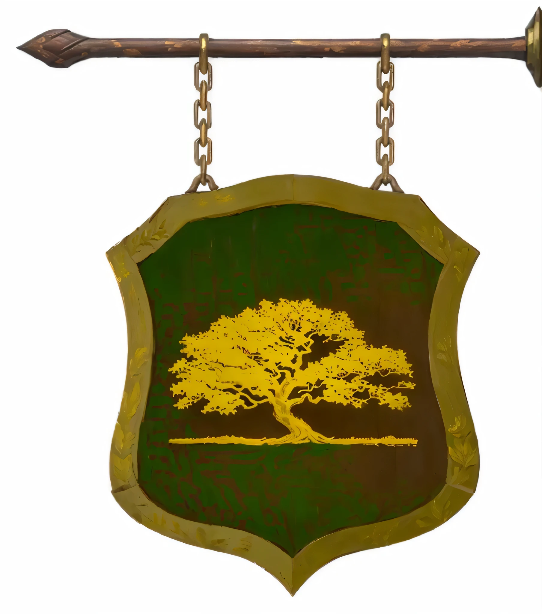 Um close de uma placa de madeira escura envelhecida com marcas de pintura antiga em verde, a carved golden tree, em alto relevo, Coat of arms, fantasy escudo, emblema de guilda, escudo, arte digital, alta qualidade, moldura em metal dourado