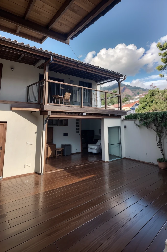 8k Uma fotografia de alta qualidade mostrando um deck com revestimentos de madeira estilo fotografia. A madeira deve ser de alta qualidade, com uma cor quente e natural..The composition must be well balanced, com a linha do horizonte nivelada e um ponto focal claro.A imagem deve ser capturada de uma perspectiva que mostre claramente o deck e o revestimento de madeira pegando a fachada da casa moderna.