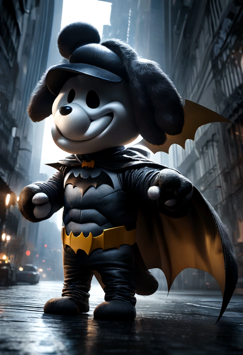 A cute Snoopy dog wearing a Batman costume, high detailed, photorealistic, 8k, incredible lighting, studio quality, detailed fur textures, expressive eyes, dynamic pose, Gotham city background, dark moody atmosphere, cinematic lighting, dramatic shadows
