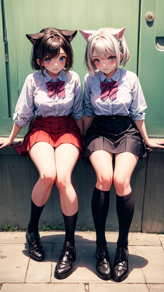 Two twin dog girls wearing similar clothes and have each other eye colours 