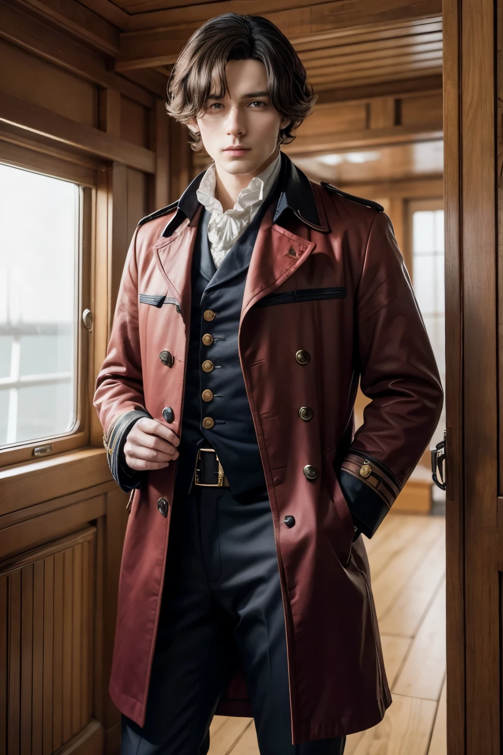 Create the image of an English ship captain from the 1700s. He appears only from the waist up with his characteristic wig from the period and his red English navy coat.. He doesn't have a left arm so his coat sleeve is rolled up.