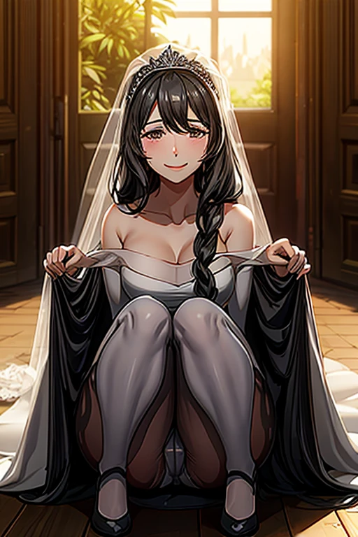 Elsa Granhiert,Black Hair、Very long hair,highest quality、4K、highest quality、Realistic texture、Gloss、smile、squat、panties under pantyhose、Wedding dress、White clothes、白いWedding dress、Wedding dress
