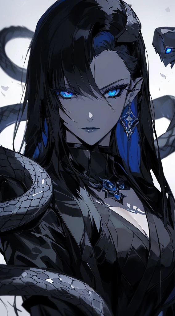 anime girl with blue eyes and black hair holding a snake, dark queen of snakes, dark goth queen with blue eyes, fine details. anime. tentacles, lamia, demon anime girl, detailed anime character art, menacing look, by Yang J, albedo from the anime overlord, anime character, her many snakes as hair, evil looking
