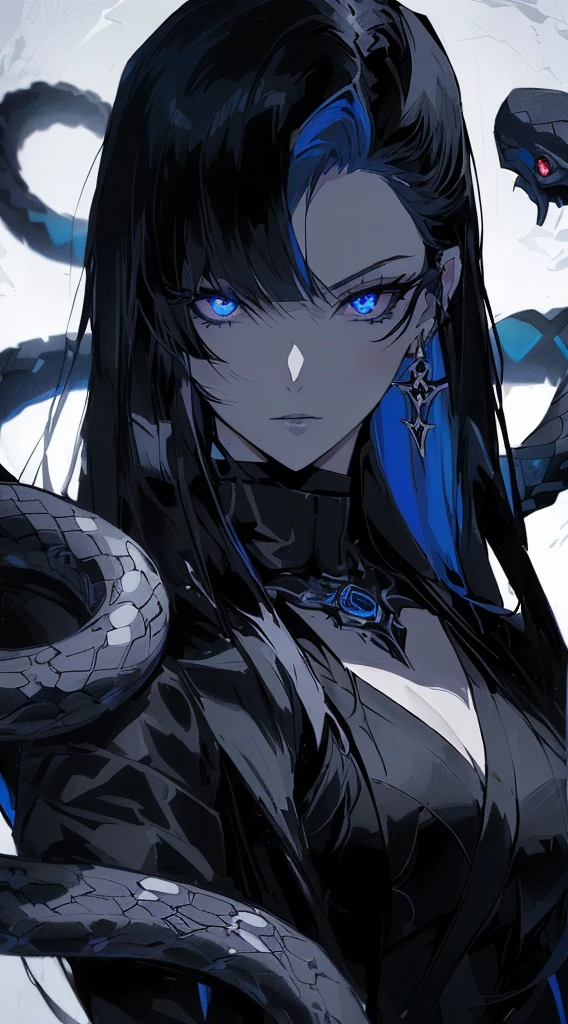 anime girl with blue eyes and black hair holding a snake, dark queen of snakes, dark goth queen with blue eyes, fine details. anime. tentacles, lamia, demon anime girl, detailed anime character art, menacing look, by Yang J, albedo from the anime overlord, anime character, her many snakes as hair, evil looking