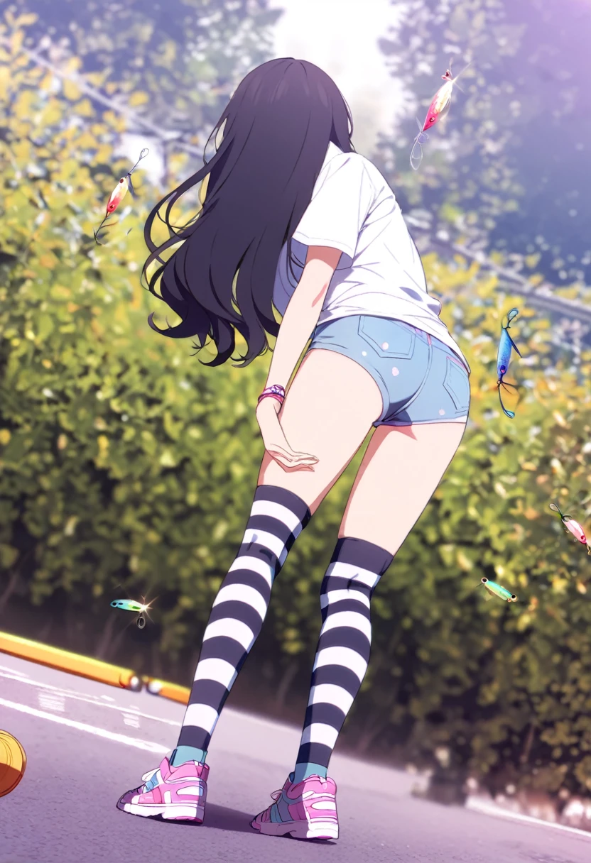 Black Hair, Long Hair, Cute Hips, lure, ,(Cotton shirt、hot pants、Striped thigh-high stockings、sneakers),Bend、BREAK Perfect Anatomy、highest quality、(cute:1.1)、(cute)、(High resolution:1.2)、Unbelievably absurd:1.3、Incredible illustrations、(cuteイラスト:1.2)、Beautiful background、(1 girl) 、solo)、(10th Generation、JK、、Small breasts:1.2)、slender、、、、Eye highlights、embarrassed、、full body、(from behind、from below)