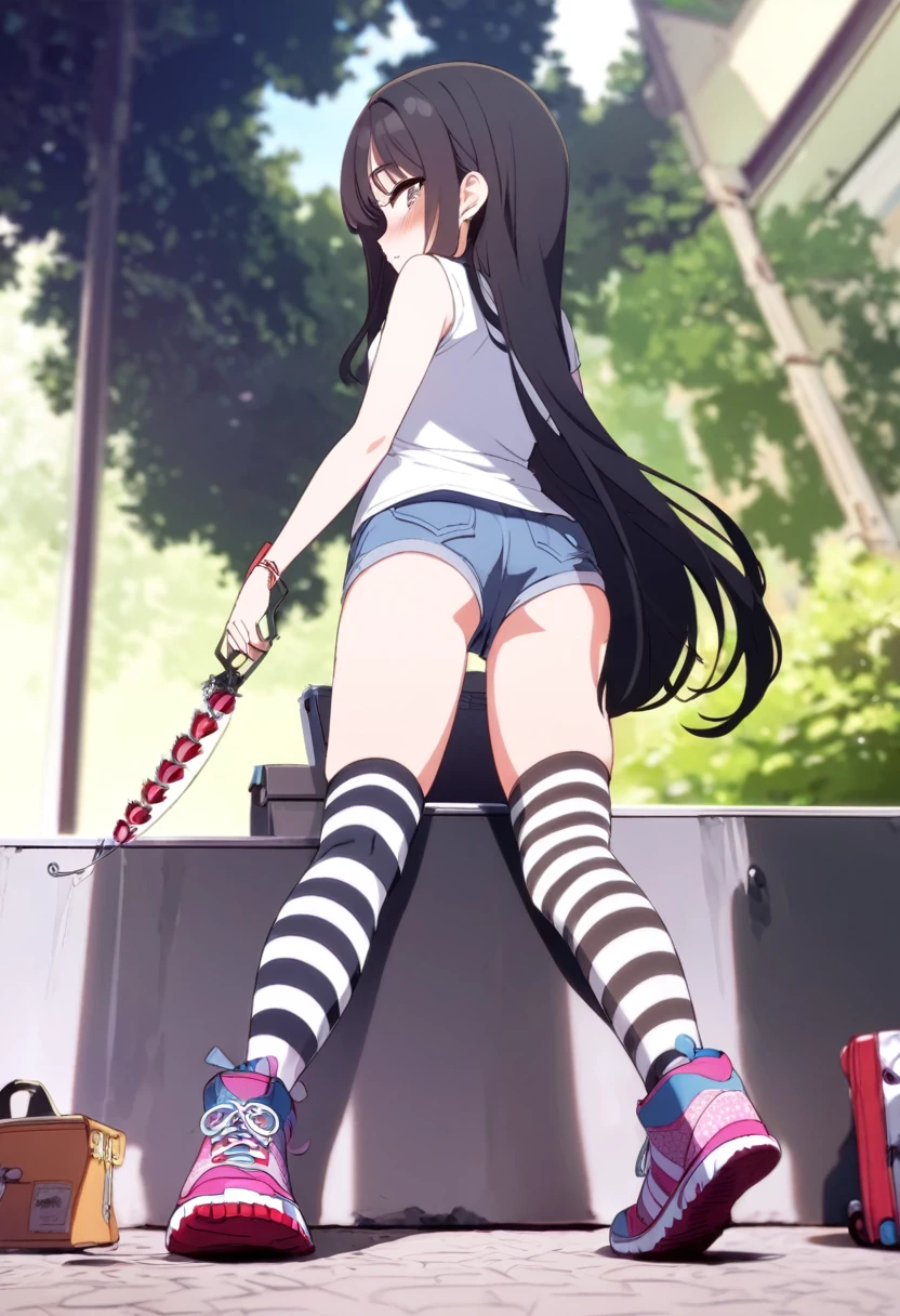  Black Hair, Long Hair, Cute Hips, lure, ,(Cotton shirt、hot pants、Striped thigh-high stockings、sneakers),Bend、BREAK Perfect Anatomy、highest quality、(cute:1.1)、(cute)、(High resolution:1.2)、Unbelievably absurd:1.3、Incredible illustrations、(cuteイラスト:1.2)、Beautiful background、(1 girl) 、solo)、(10th Generation、JK、、Small :1.2)、slen、、、Eye highlights、embarrassed、、full body、（from behind、from below）