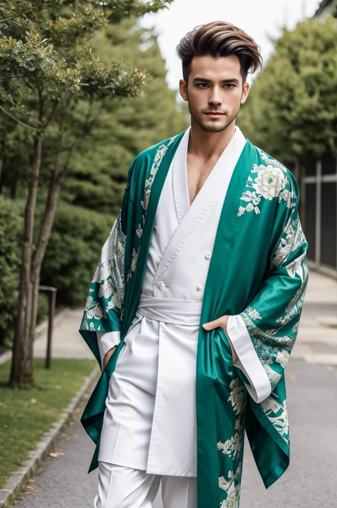 Un homme cheveux blancs yeux verts habiller d'un kimono dans le style manga