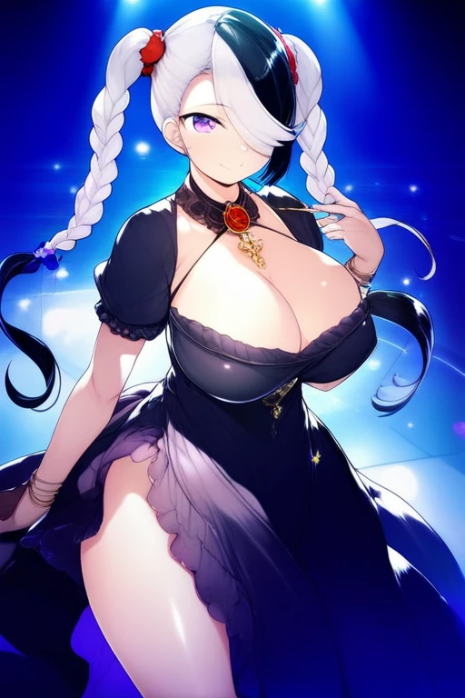 score_9, score_8_up, score_7_up, masterpiece, best quality, very aesthetic, absurdres, official art, official style, anime screencap, (game cg:1.2), megami magazine, zPDXL, zPDXLpg, 1girl, solo focus, (large breasts:1.3), purple eyes, split-colour hair, black hair, white hair, twintails braids, eyebrows visible through hair, hair over one eye, BREAK, short sleeves, black dress, frilled dress, long dress, big dress, standing