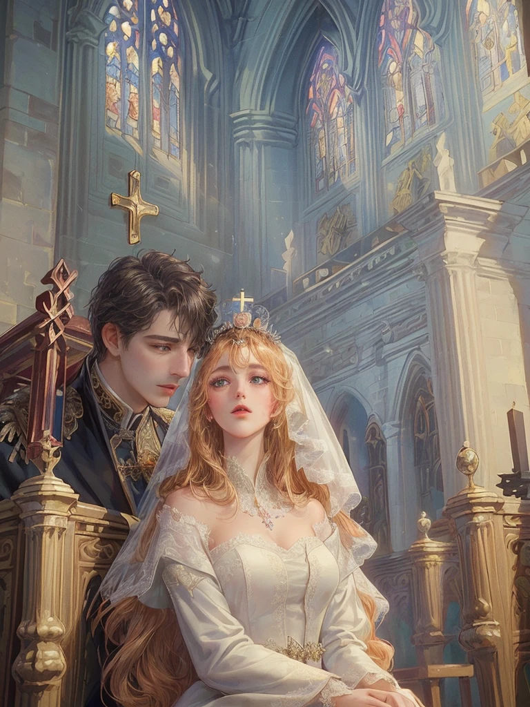 (((Best quality)), ((masterpiece)), (detailed), ((perfect face)), ((halfbody)) , 1 woman and 1 man, Make eye contact, female saint, Crown Prince, non-consensual marriage, romantic backdrop, Church, cathedral, wedding waste, rose petals,