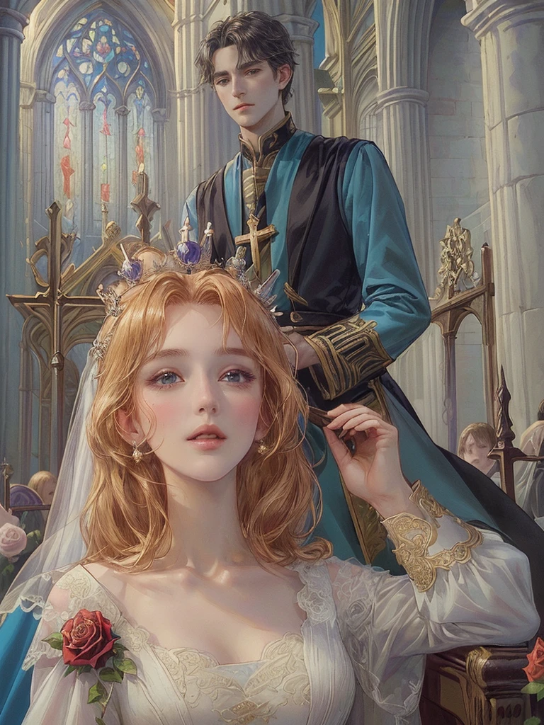 (((Best quality)), ((masterpiece)), (detailed), ((perfect face)), ((halfbody)) , 1 woman and 1 man, Make eye contact, female saint, Crown Prince, non-consensual marriage, romantic backdrop, Church, cathedral, wedding waste, rose petals,