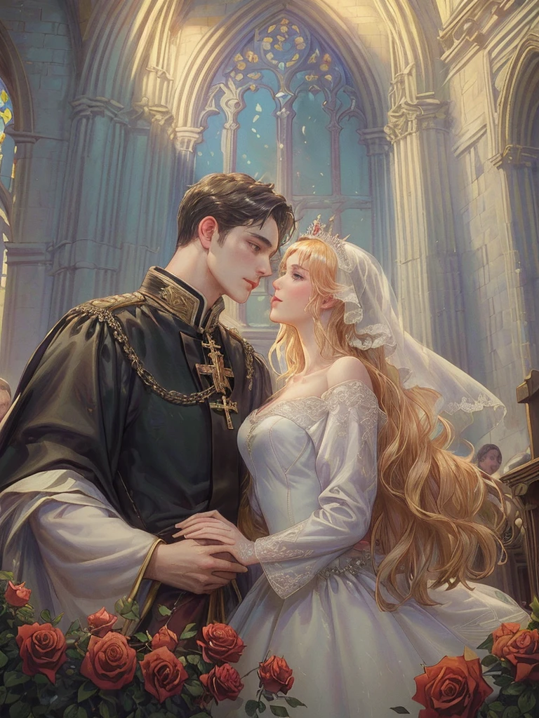 (((Best quality)), ((masterpiece)), (detailed), ((perfect face)), ((halfbody)) , 1 woman and 1 man, Make eye contact, female saint, Crown Prince, non-consensual marriage, romantic backdrop, Church, cathedral, wedding waste, rose petals, 