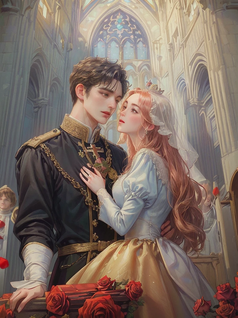 (((Best quality)), ((masterpiece)), (detailed), ((perfect face)), ((halfbody)) , 1 woman and 1 man, Make eye contact, female saint, Crown Prince, non-consensual marriage, romantic backdrop, Church, cathedral, wedding waste, rose petals,